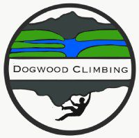 A logo of a person climbing on the side of a mountain.
