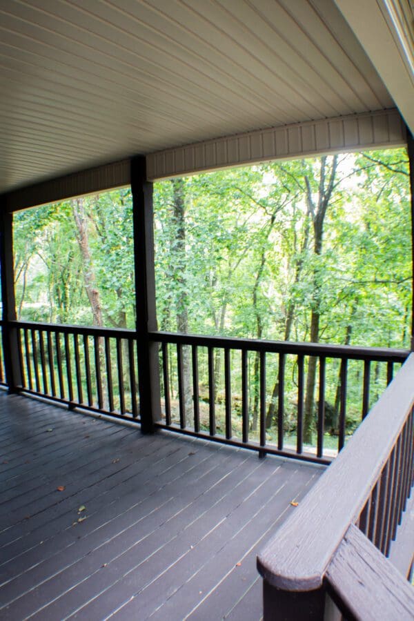 A porch with a view of trees and bushes.