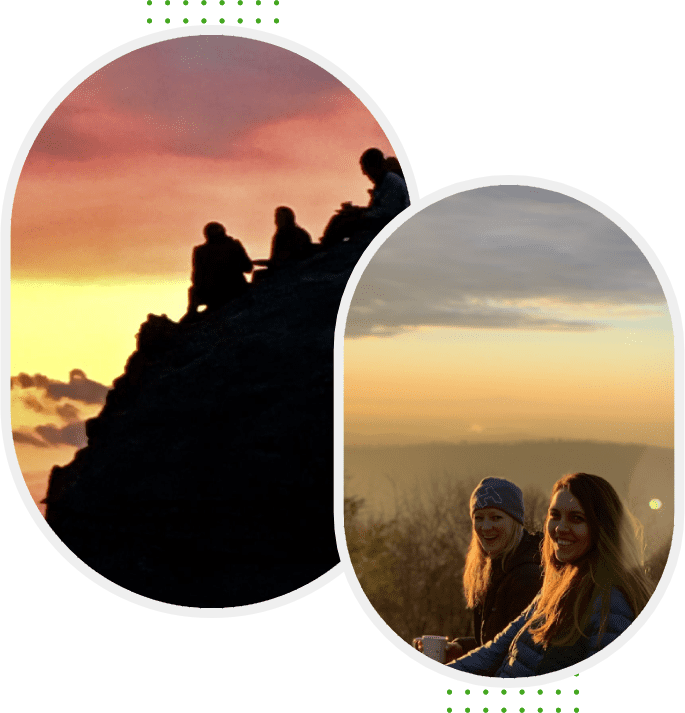 Two pictures of people sitting on a hill